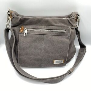 TRAVELON Gray Aged Canvas & Rustic Tan Leather Crossbody Shoulder Bag 10 x 11